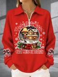 Women's Christmas Fun Print Waffle Lapel Top
