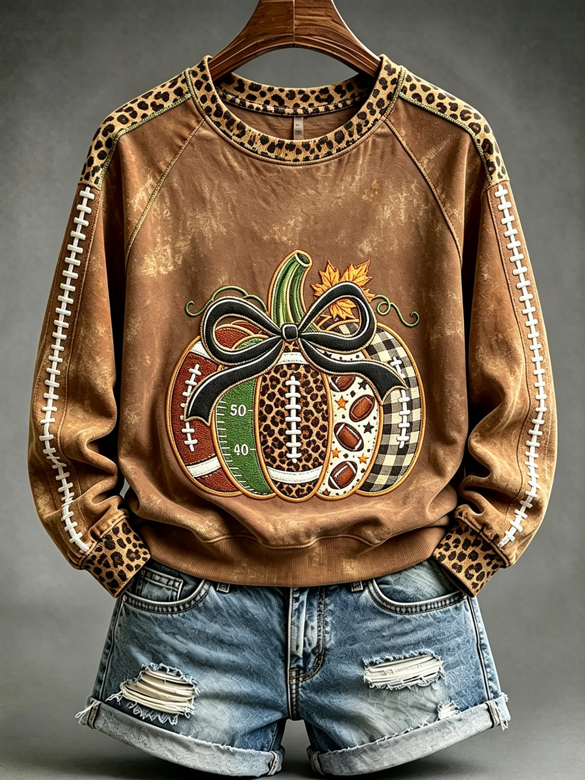 Women's Football Inspired Fall Pumpkin Print Sweatshirt