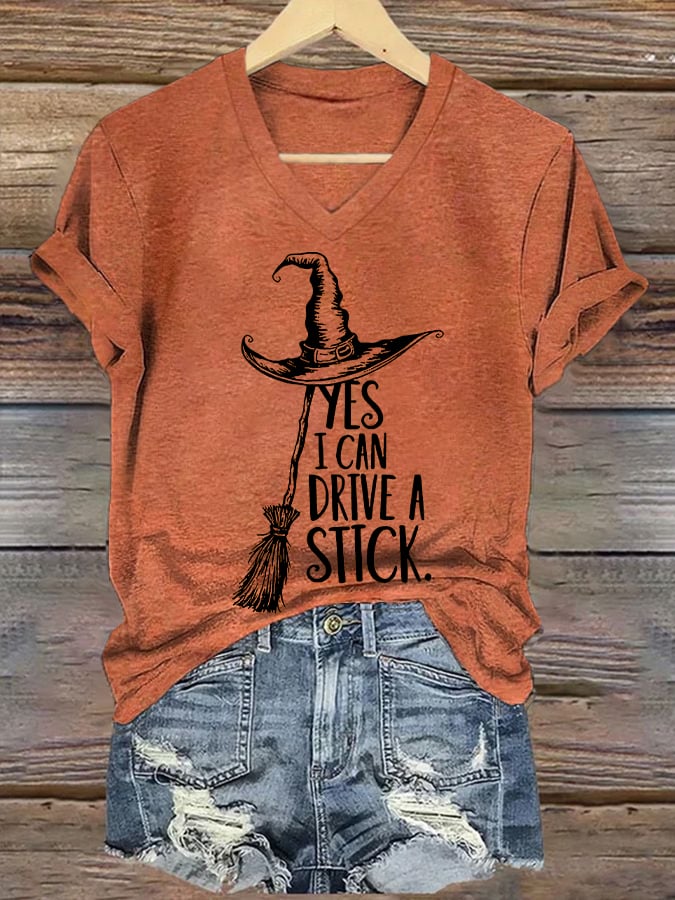 Women's Yes I Can Drive A Stick Print V Neck T-shirt