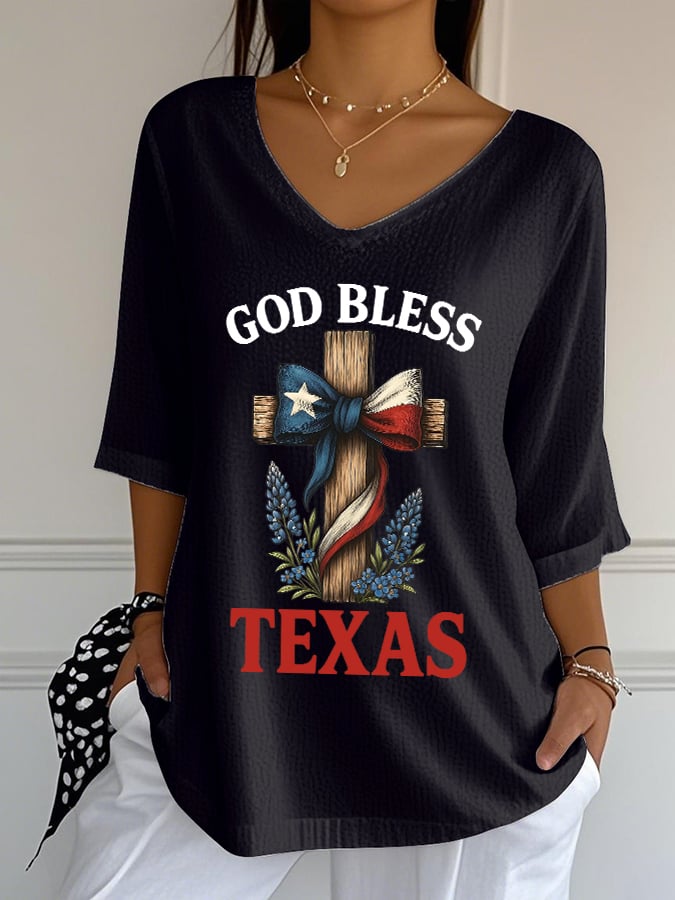Women's Retro God Bless Texas Cross Print Mid Sleeve T-Shirt