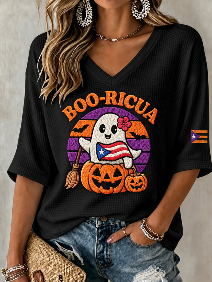 Women's Halloween In Puerto Rico Print Waffle-Knit Top