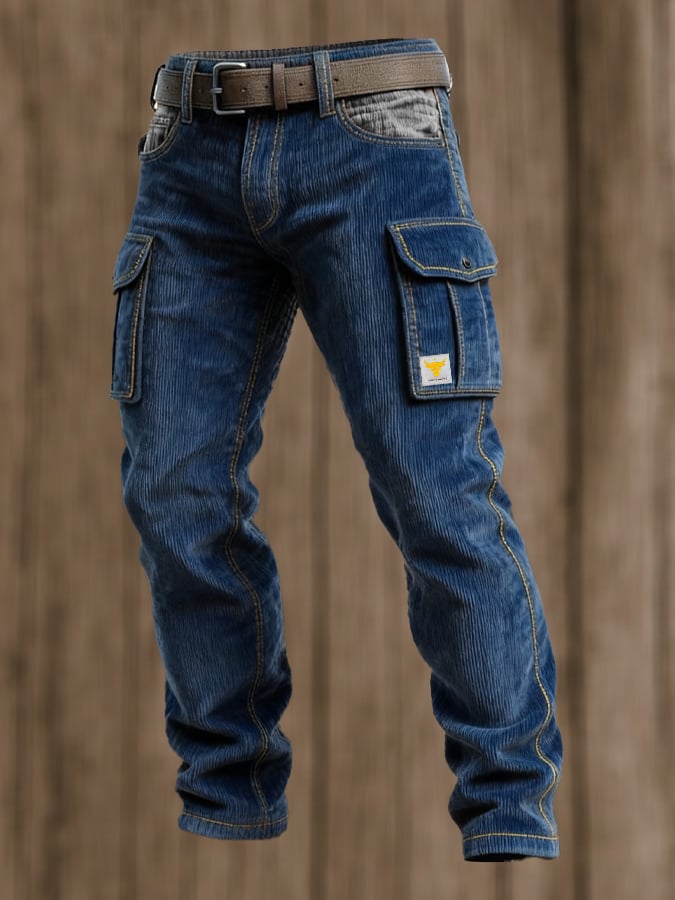 Men's Retro Outdoor Adventure Corduroy Stitching Multifunctional Pocket Work Pants