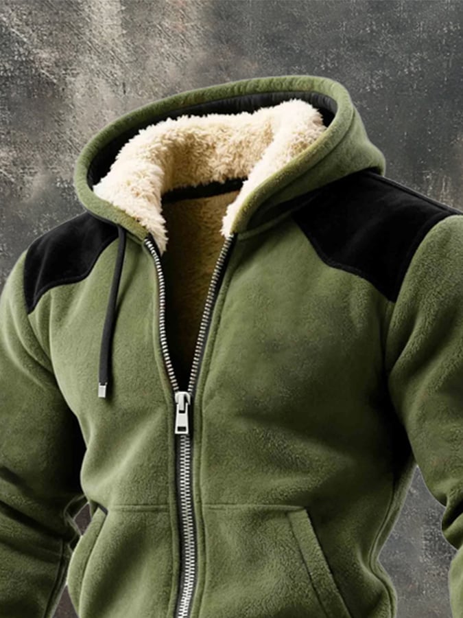 Men's Warm Plush Splicing Contrast Color Zipper Hooded Jacket