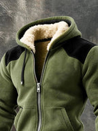 Men's Warm Plush Splicing Contrast Color Zipper Hooded Jacket
