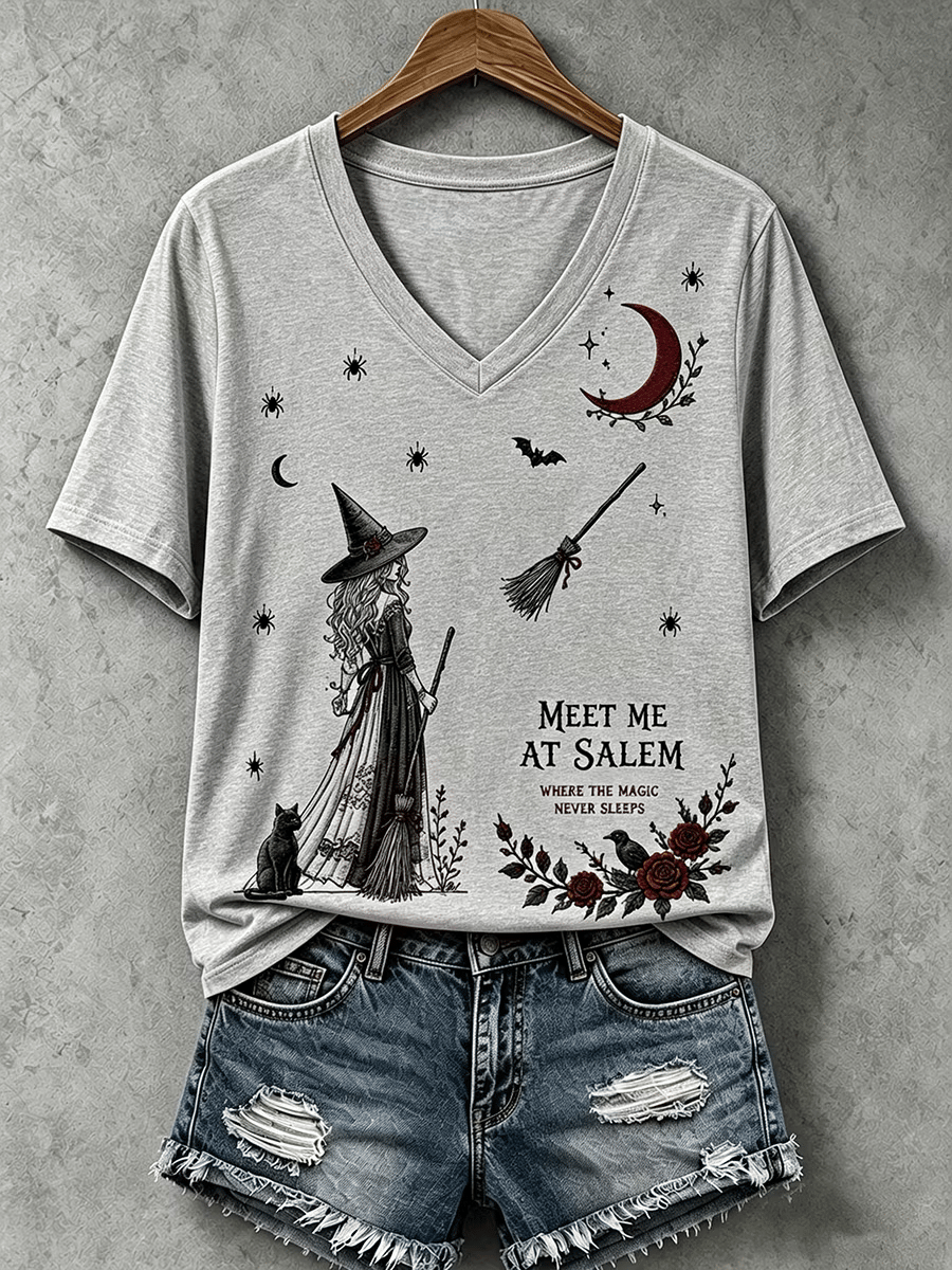 Women's Halloween Meet Me At Salem Print V Neck T-Shirt