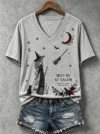 Women's Halloween Meet Me At Salem Print V Neck T-Shirt