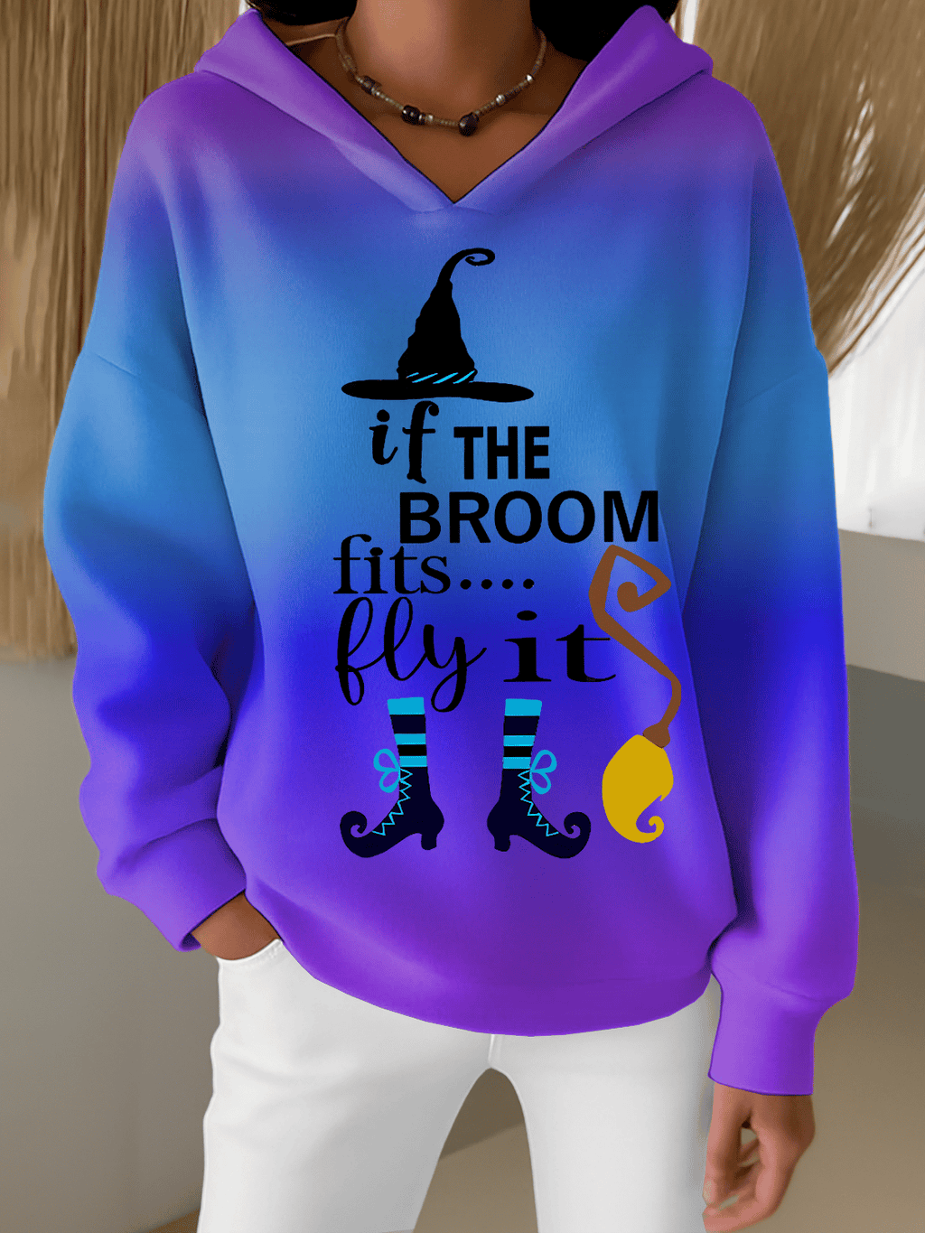 Women's Halloween Witch Print Furry Lined Hoodie