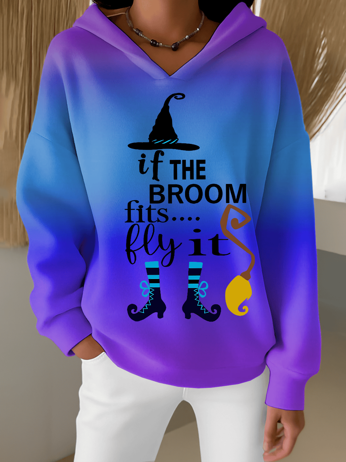 Women's Halloween Witch Print Furry Lined Hoodie