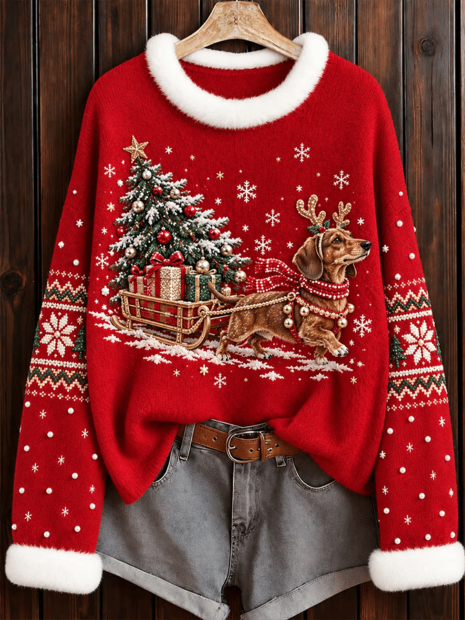 Women's Retro Christmas Dog  Print Top