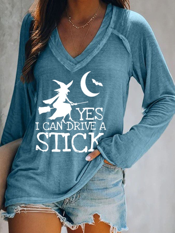 Women's Yes I Can Drive A Stick Print Long Sleeve Casual T-Shirt
