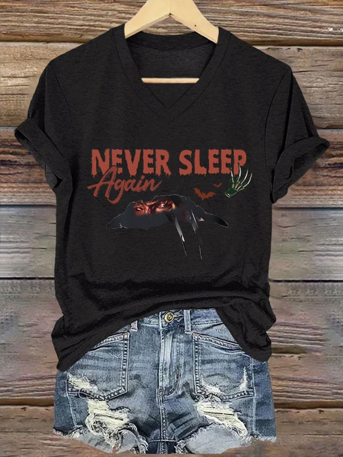 Women's Halloween Horror Nightmare Print V-Neck T-Shirt