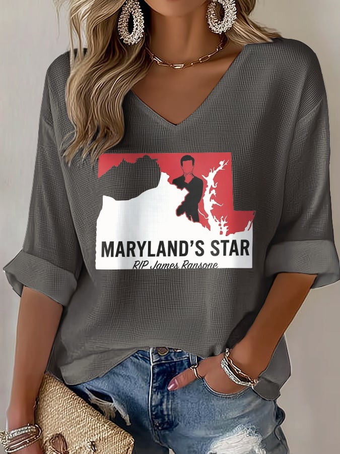 V-Neck Retro Maryland's Star Print T-Shirt