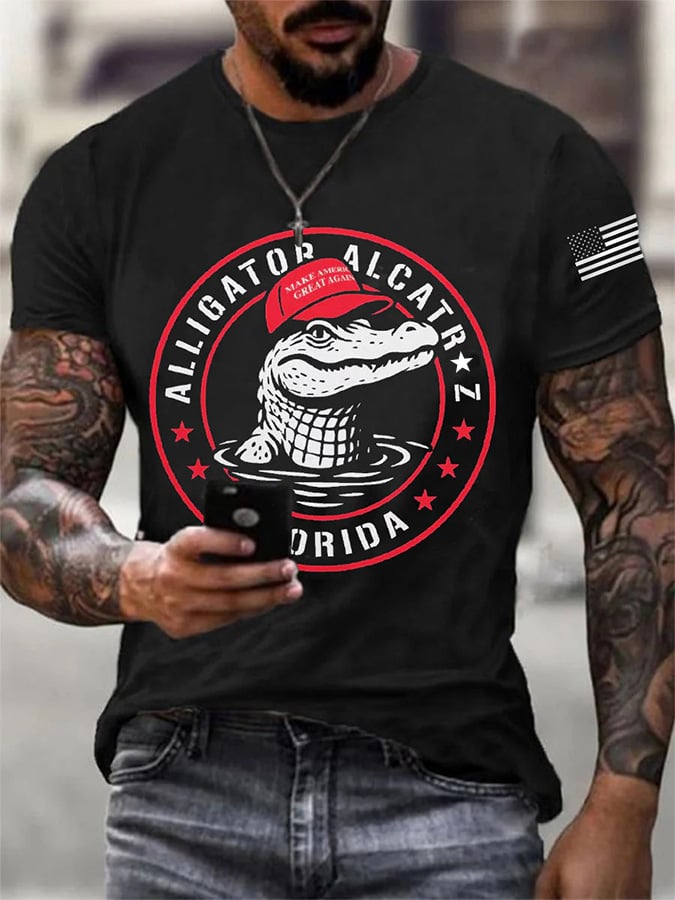 Men's Alligator Alcatraz Ready To Serve Dark Humor Patoitic Printing T Shirt