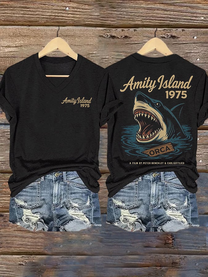 Women's Great White Shark Print V-Neck Short Sleeve Comfortable T-Shirt