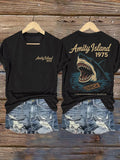 Women's Great White Shark Print V-Neck Short Sleeve Comfortable T-Shirt
