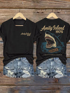 Women's Great White Shark Print V-Neck Short Sleeve Comfortable T-Shirt