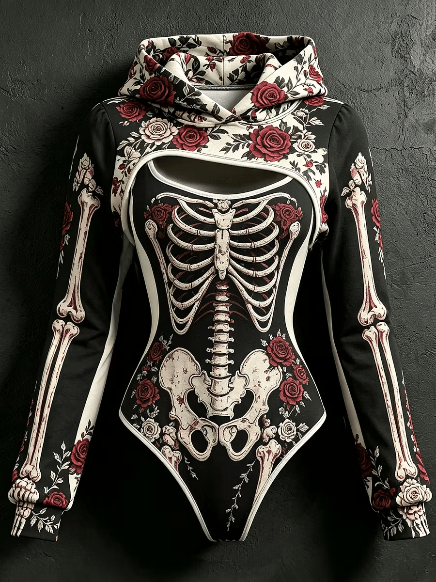 Women's Vintage Halloween Bone-Print Hooded Jumpsuit