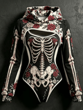 Women's Vintage Halloween Bone-Print Hooded Jumpsuit