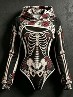 Women's Vintage Halloween Bone-Print Hooded Jumpsuit