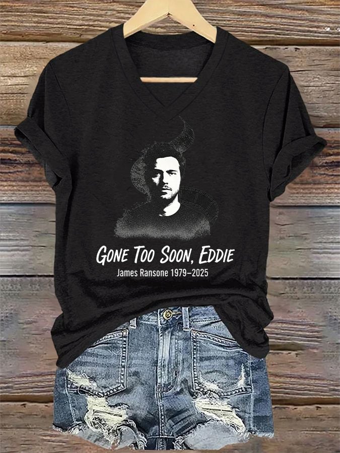 V-Neck Retro Gone Too Soon Eddie Print T-Shirt