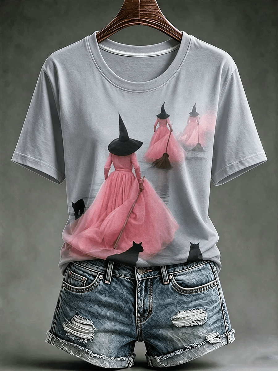 Women's Halloween Witch Black Cat Short-sleeved T-shirt