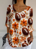 Women's Rugby Autumn Maple Leaf Print V-Neck T-Shirt