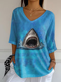 Women's Shark Print Casual V-Neck T-Shirt