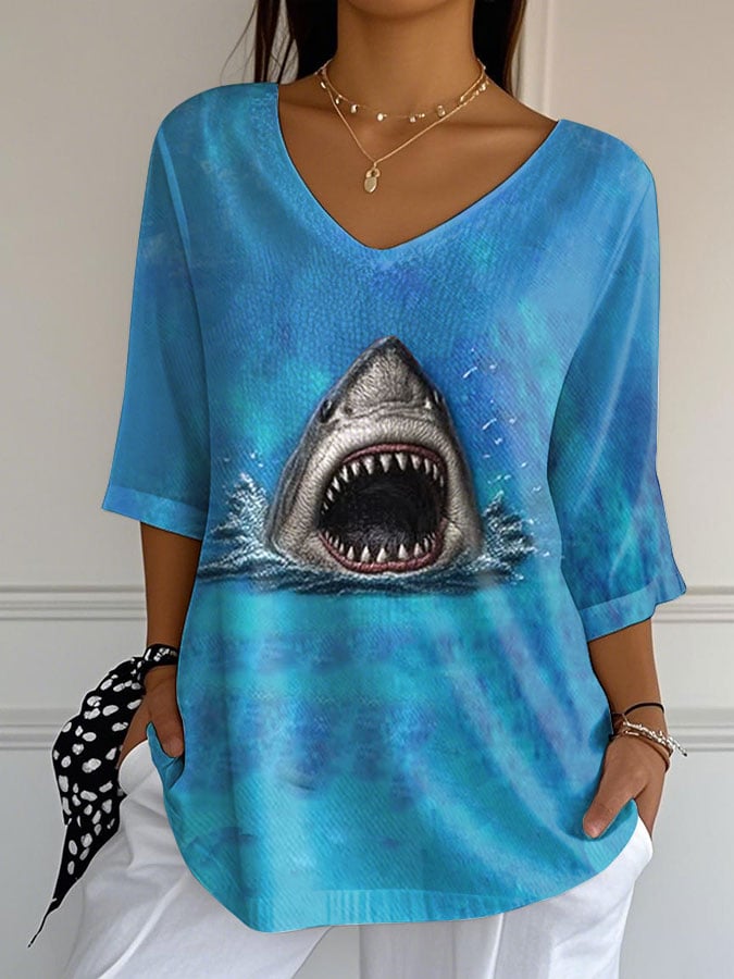 Women's Shark Print Casual V-Neck T-Shirt