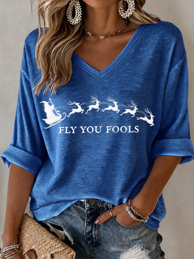 🔥🔥2nd 50% Off 🔥🔥V-Neck Retro Funny Christmas Fly You Fools Reindeer Holiday Season Print T-Shirt