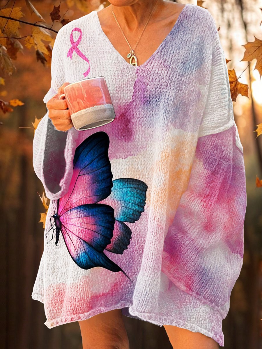 Women's Watercolor Butterfly Pink Art Print V-Neck Knit Sweater
