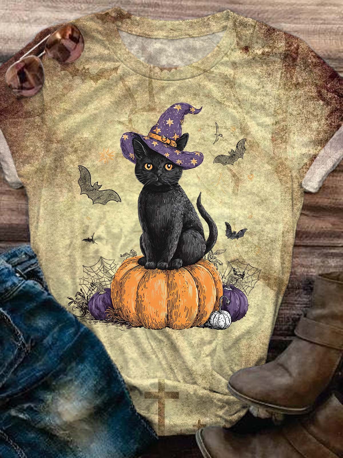 Halloween Trick or Treat Black Cat Printed T-shirts