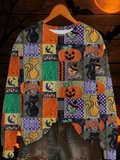 Women's Halloween Black Cat Pumpkin Print Sweatshirt