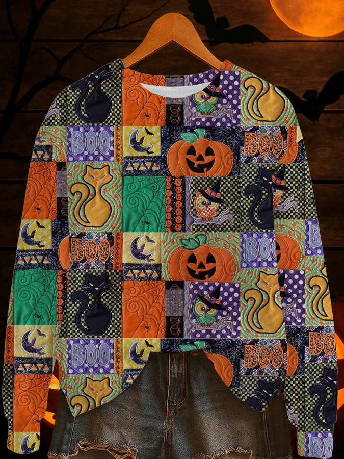 Women's Halloween Black Cat Pumpkin Print Sweatshirt