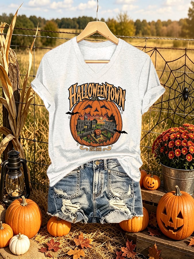 V-Neck Retro Halloweentown Est. 1998 Print T-Shirt