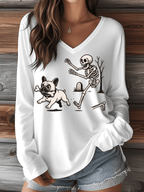 Women's Halloween French Bulldog Print V-Neck Long Sleeve T-Shirt