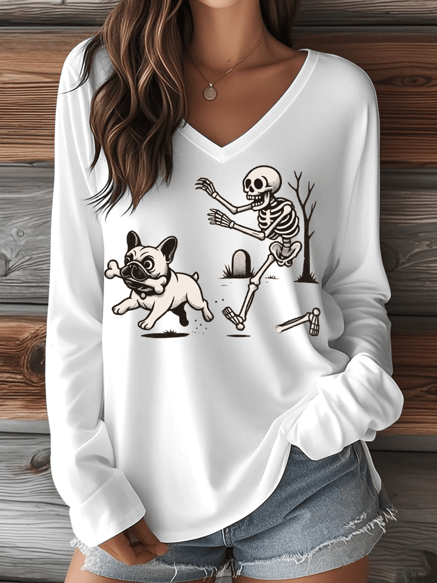 Women's Halloween French Bulldog Print V-Neck Long Sleeve T-Shirt