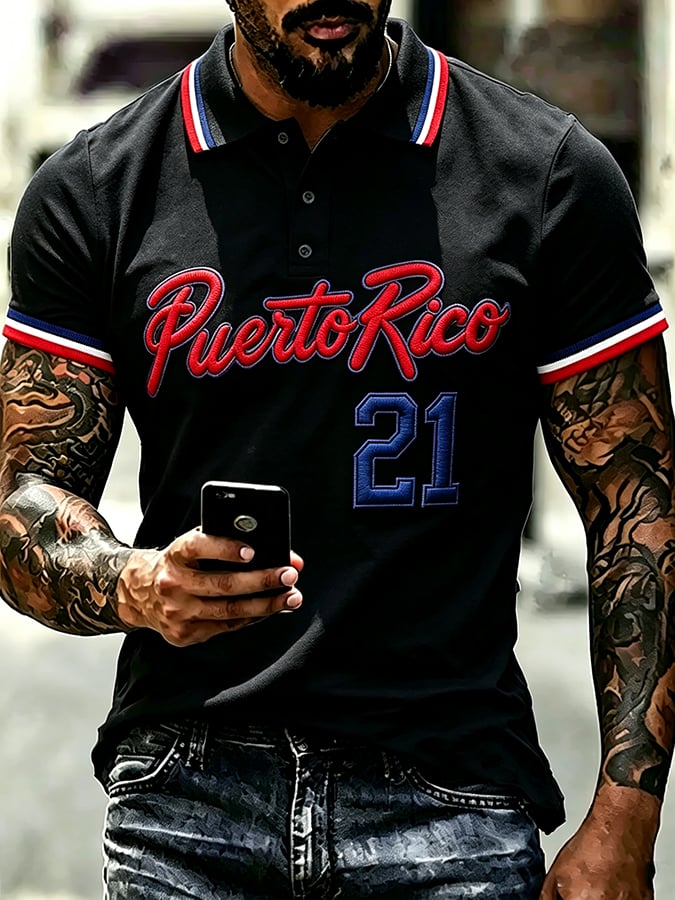 Men's Puerto Rico Baseball Print Polo Shirt