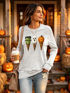 Retro Halloween Spooky Ice Cream  Pumpkin Ghost Print Sweatshirt