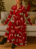 Women's Cute Candy Bow Print Velvet V-Neck Midi Dress