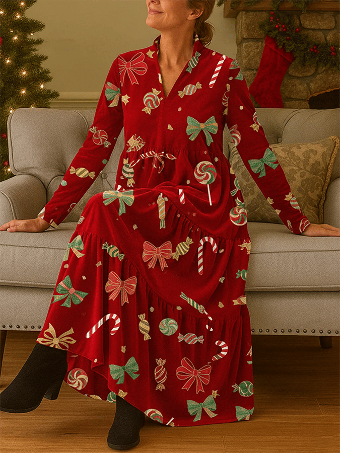 Women's Cute Candy Bow Print Velvet V-Neck Midi Dress