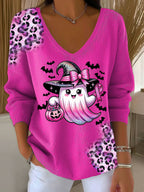 Women's Casual Pierced Breast Cancer Ghost Leopard Print Long Sleeve T-Shirt