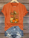 Women's Casual Faith Pumpkin Cross Short Sleeve T-Shirt