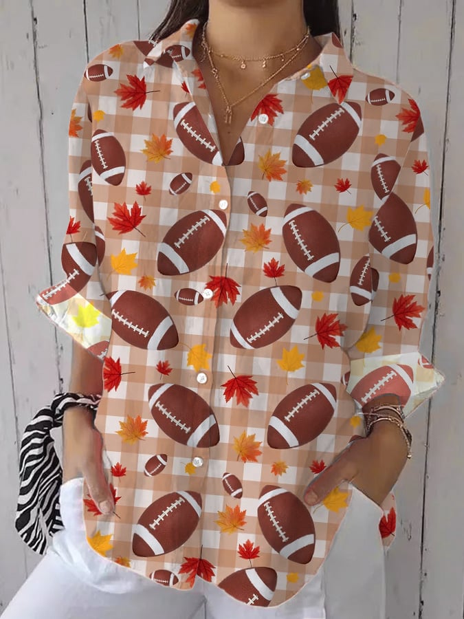 Women's Casual Autumn Rugby Maple Leaf Print Shirt