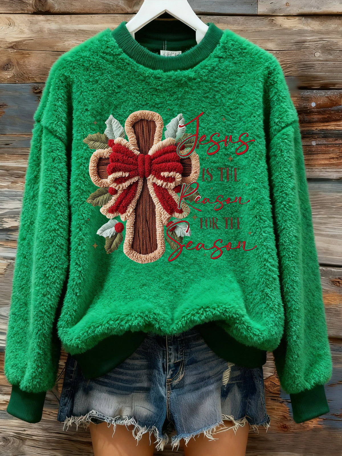 Women's Winter Christmas Cross Print Flannel Crew Neck Furry Top