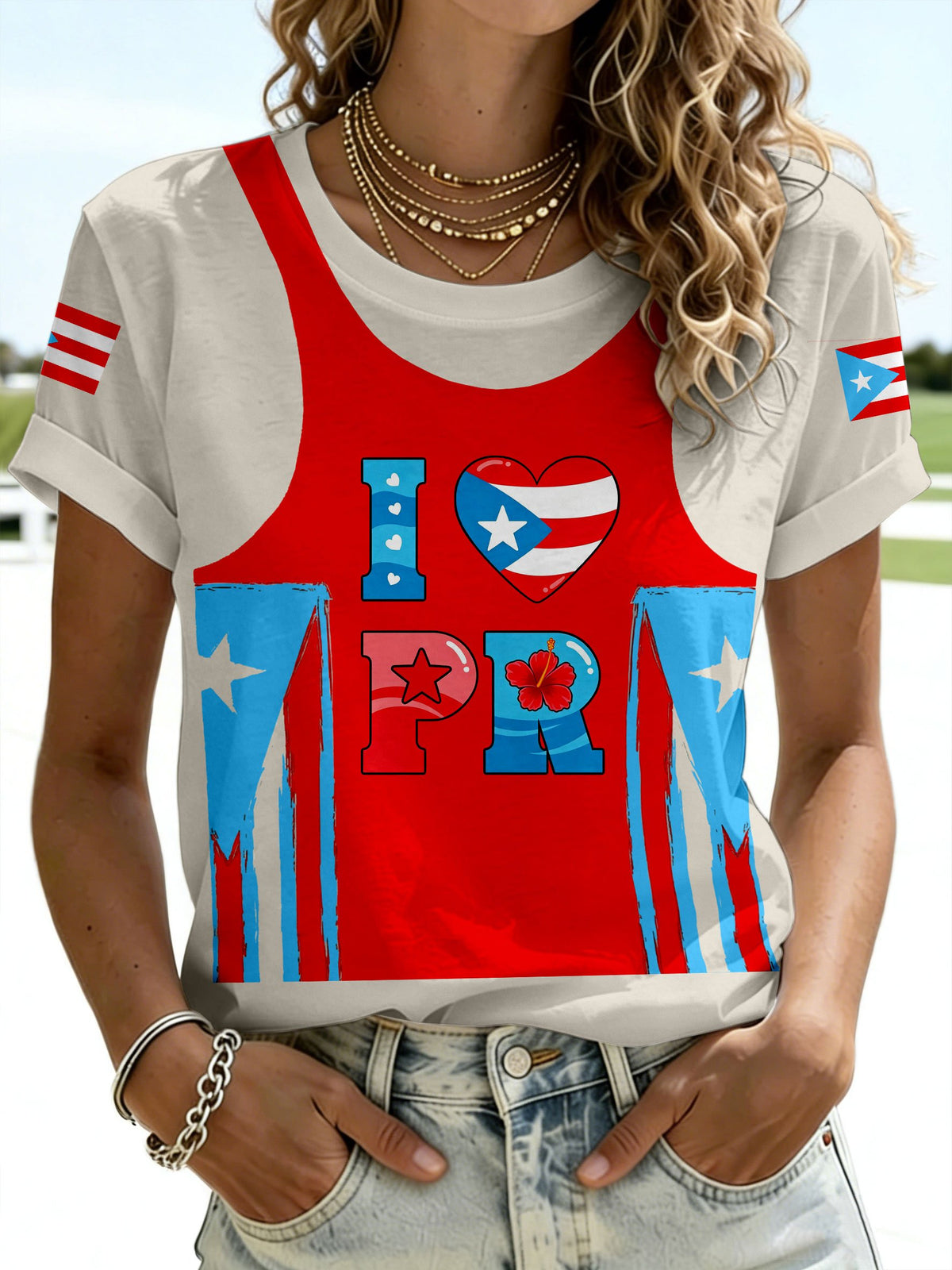 Women's Puerto Rico Heart Design Printed T-shirts