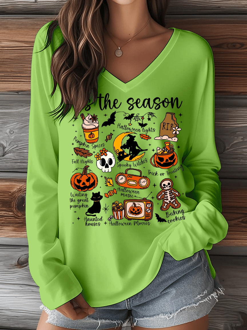 Women's Halloween Tis The Season Print V-Neck Long Sleeve T-Shirt