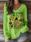 Women's Halloween Tis The Season Print V-Neck Long Sleeve T-Shirt