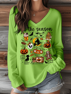 Women's Halloween Tis The Season Print V-Neck Long Sleeve T-Shirt