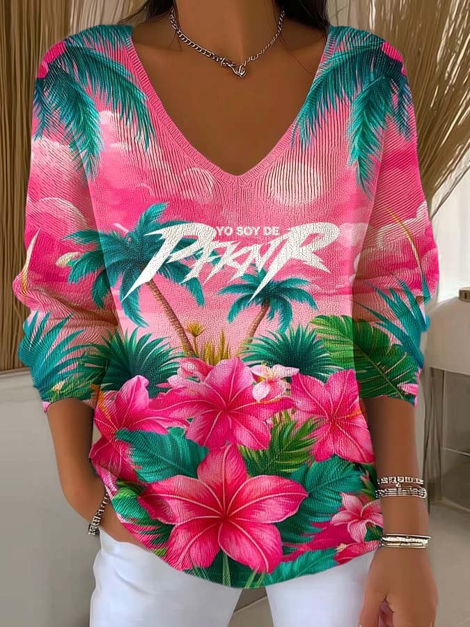 Puerto RIco Singer Boricua Flowers Printed Long Sleeve Top