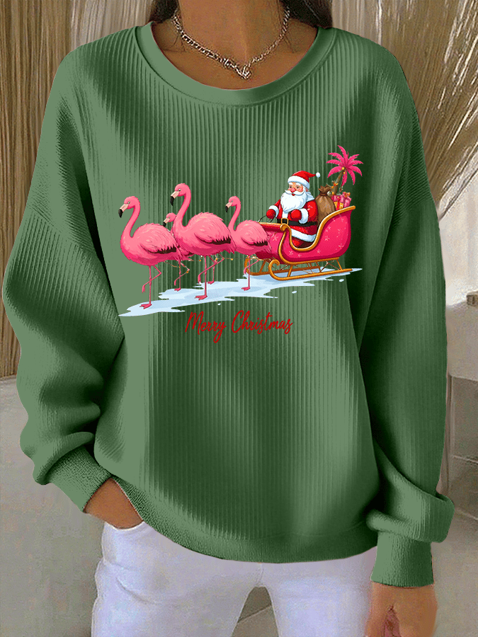 Women's Christmas Flamingo Print Knitted Crew Neck Long Sleeve Top